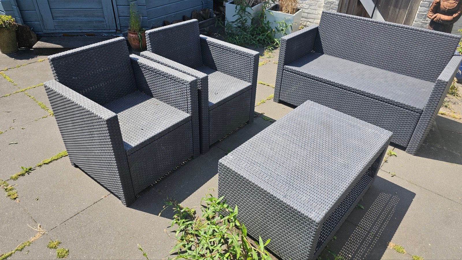 Wicker loungeset met kussens, grijs, Ophalen, 4 zitplaatsen, Gebruikt, Bank