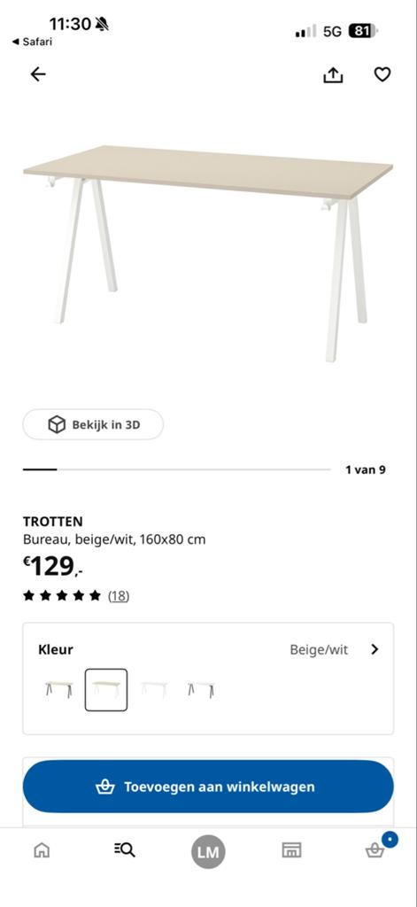 IKEA Trotten Bureau 160x80 Beige, Ophalen, Demontabel, Gebruikt, Spaanplaat of MDF