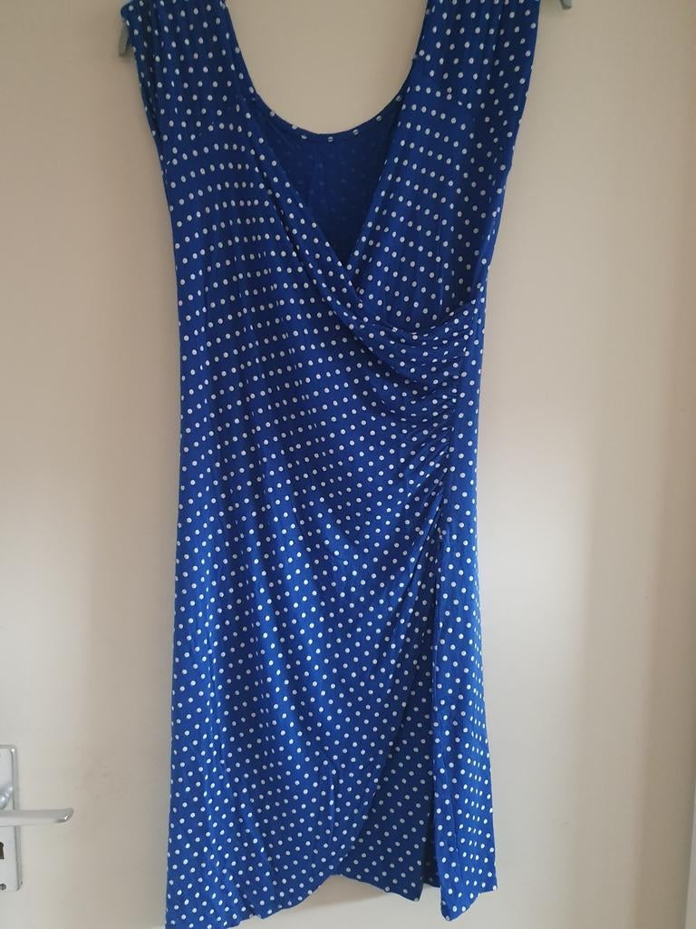 Blauwe jurk met witte stippen - Maat L, Ophalen of Verzenden