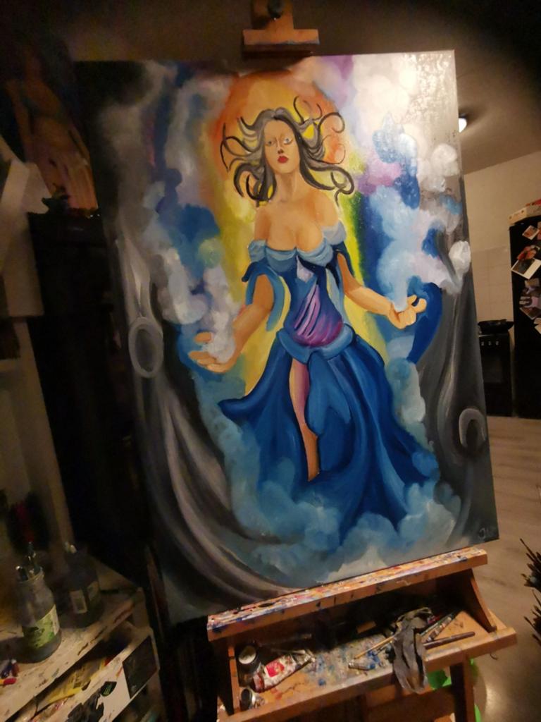 Olieverf Schilderij: Vrouw in Blauw, 90x100 cm, Ophalen of Verzenden