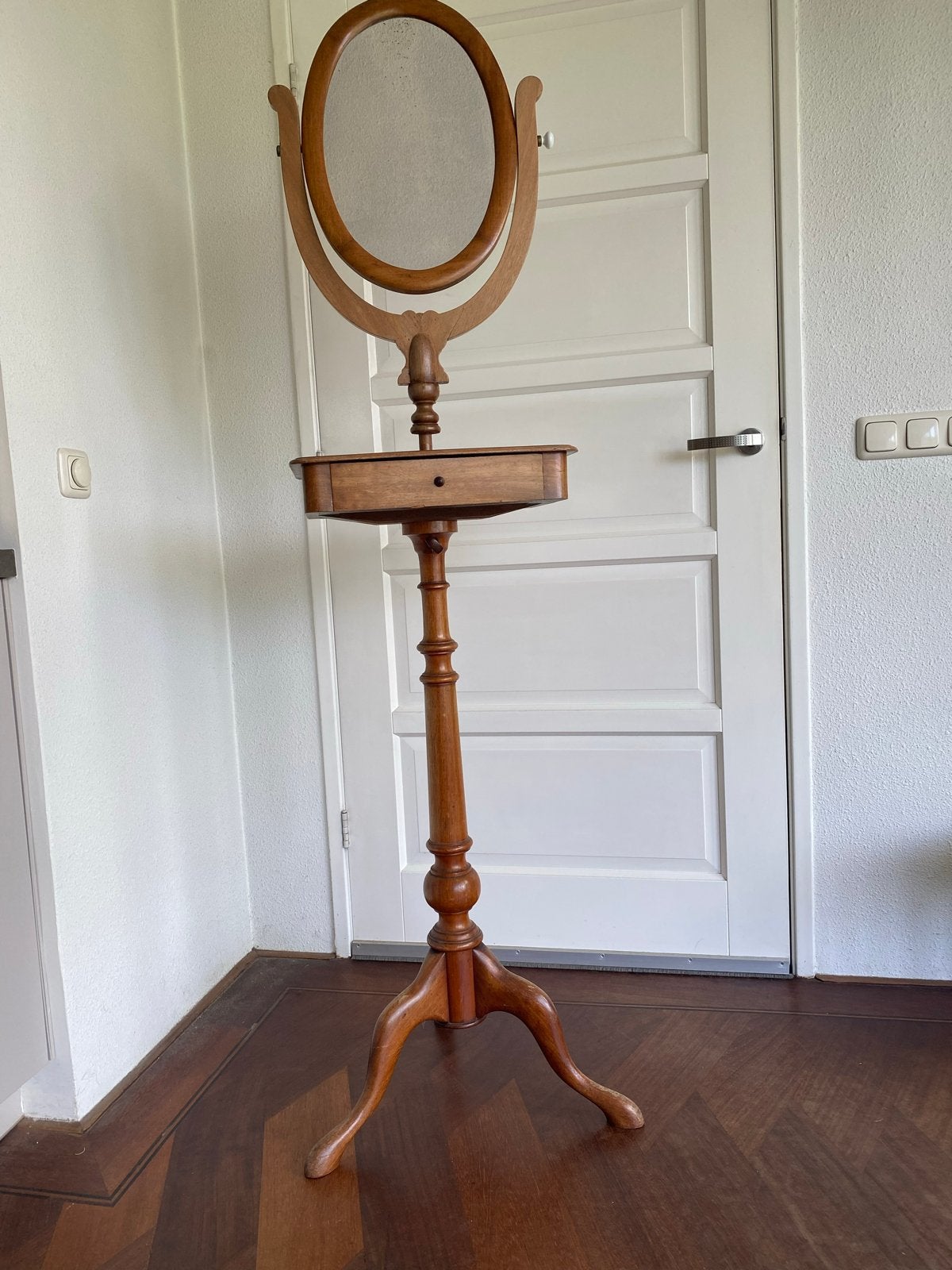 Vintage Scheerspiegel op Driepoot met Lade - Ovaal Hout, Ophalen, Ovaal, Minder dan 50 cm, 150 tot 200 cm