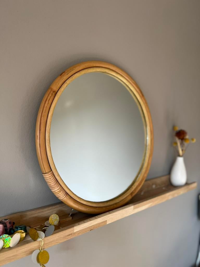 Mooie, ronde, houten, bamboe spiegel - vintage - rohe, Minder dan 50 cm, Gebruikt, Rond, Ophalen of Verzenden
