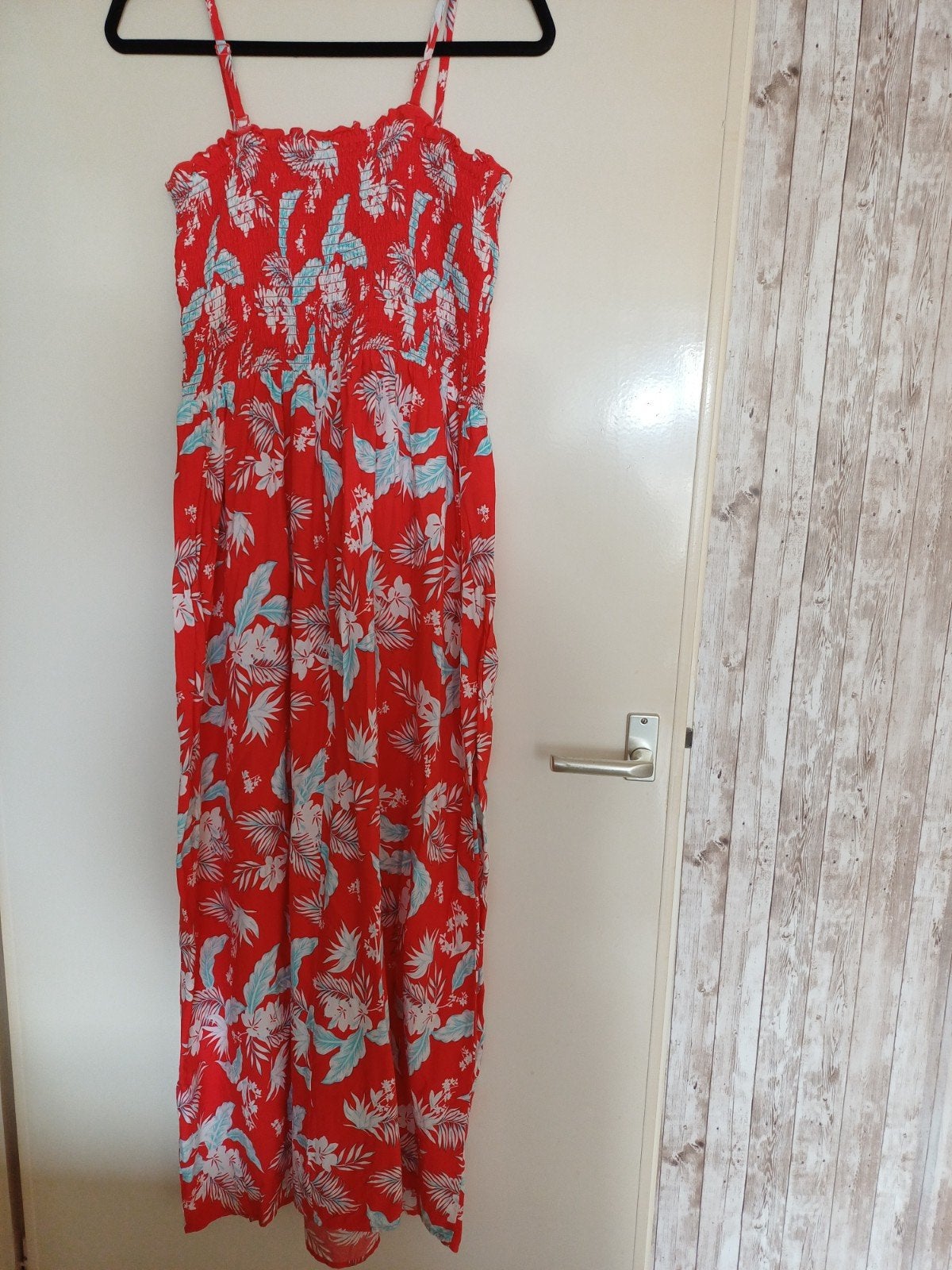 Maxi jurk Orchideeën Hawaii rood wit lichtblauw, Blauw, Maat 42/44 (L), Nieuw, Ophalen of Verzenden