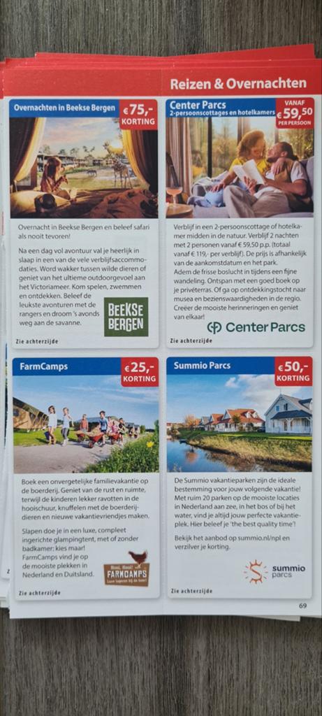 Postcodeloterij verschillende voordeelbonnen (zie foto's), Tickets en Kaartjes, Kortingen en Cadeaubonnen, Drie personen of meer