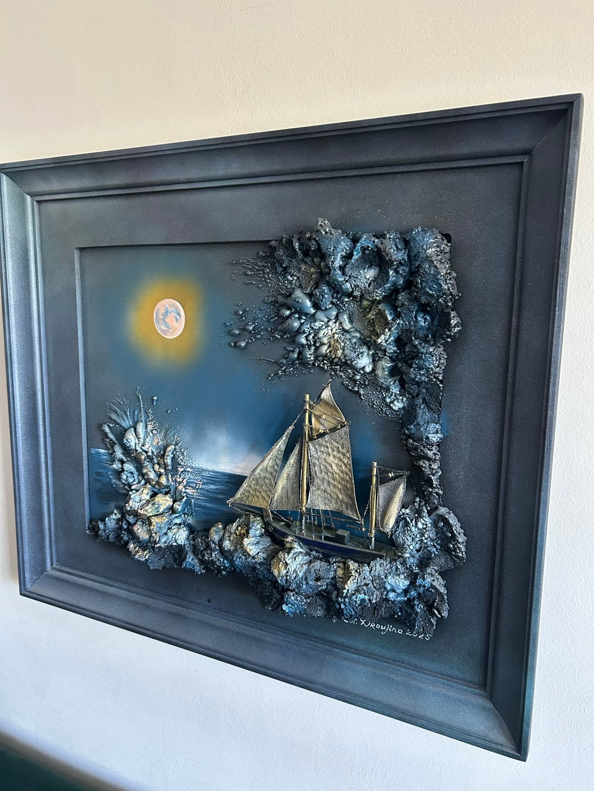 Uniek 3D Schilderij: Zeilschip onder Volle Maan, Antiek en Kunst, Kunst | Schilderijen | Klassiek, Maritiem / water, Overige stijlen