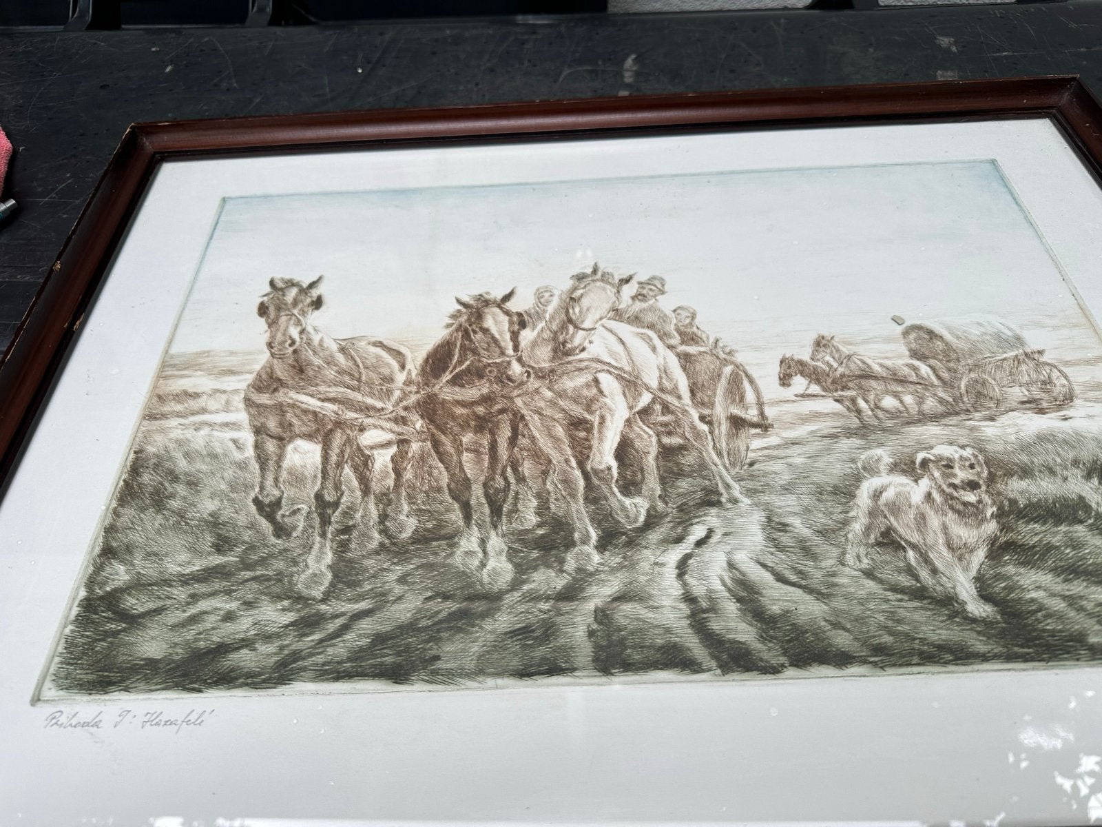 Prihoda T. - Hazafele - Ets met paarden en wagens, Antiek en Kunst, Kunst | Etsen en Gravures, Ophalen, Dagelijks leven, Ets, Gesigneerd