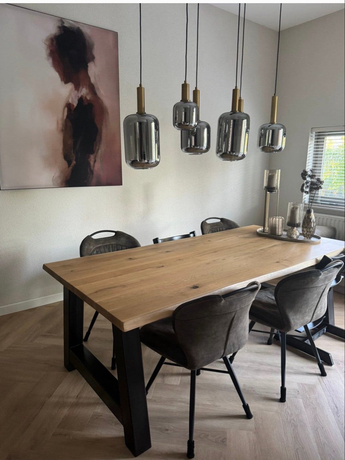 Massief eiken eettafel met zwart metalen onderstel, Ophalen, Eikenhout, 50 tot 100 cm, Zo goed als nieuw