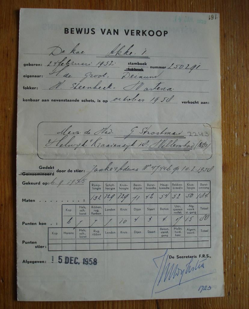 document stamboek rundvee bewijs van verkoop 1958, Ophalen, Gebruikt, Boerderijdier, Overige typen