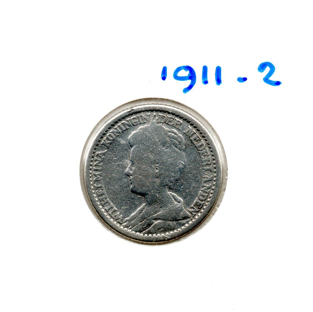 WILHELMINA  KWARTJE 1911-2- ZILVER, Ophalen of Verzenden, Koningin Wilhelmina, 25 cent, Zilver