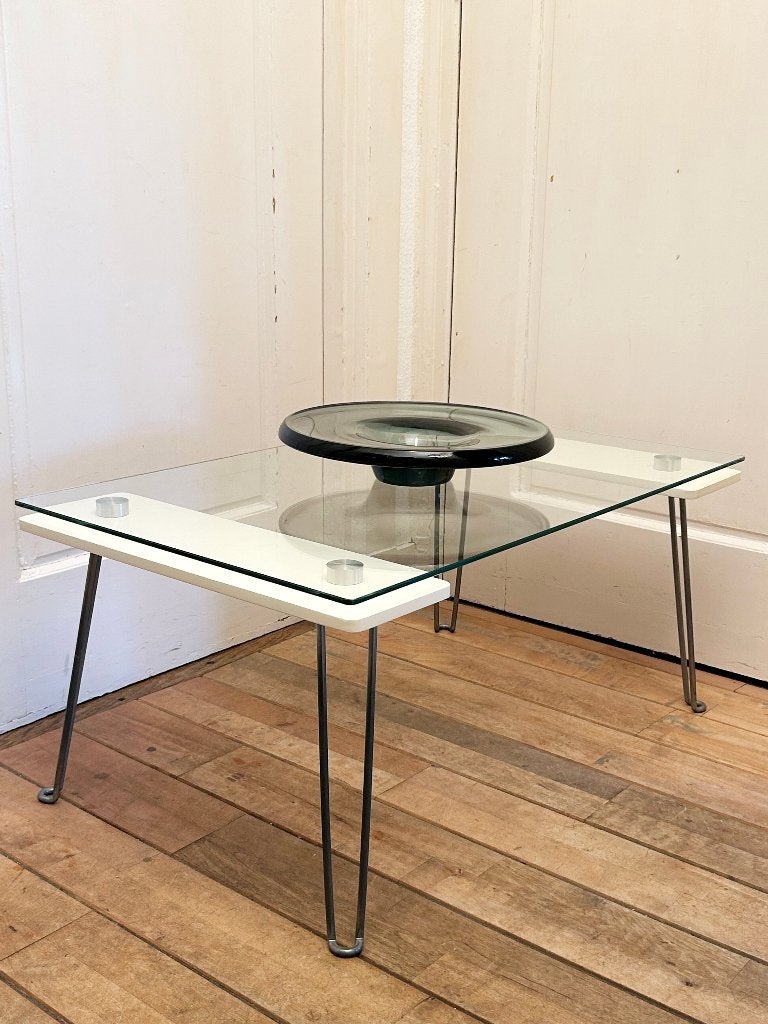Vintage Space Age salontafel/glas/metaal/wit/60s/70s, Ophalen, Gebruikt, 50 tot 100 cm, 50 tot 100 cm