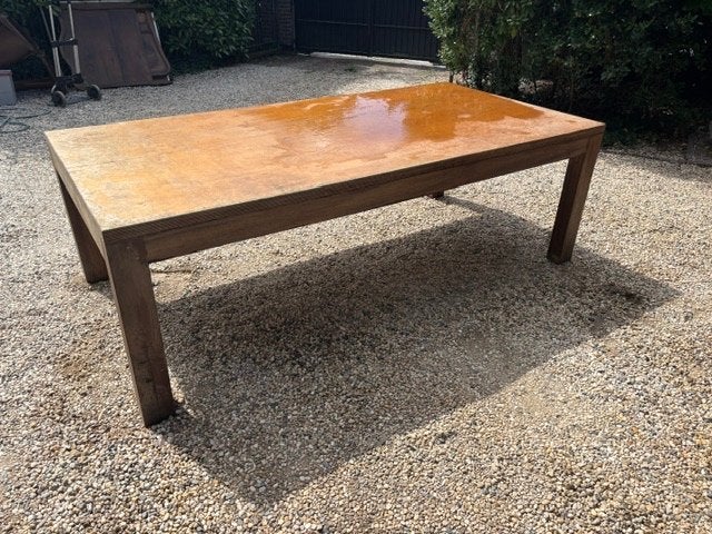 Houten (kantoor) tafel okoume multiplex 40 mm toplaag, Ophalen, Overige typen, 243 cm, Gebruikt