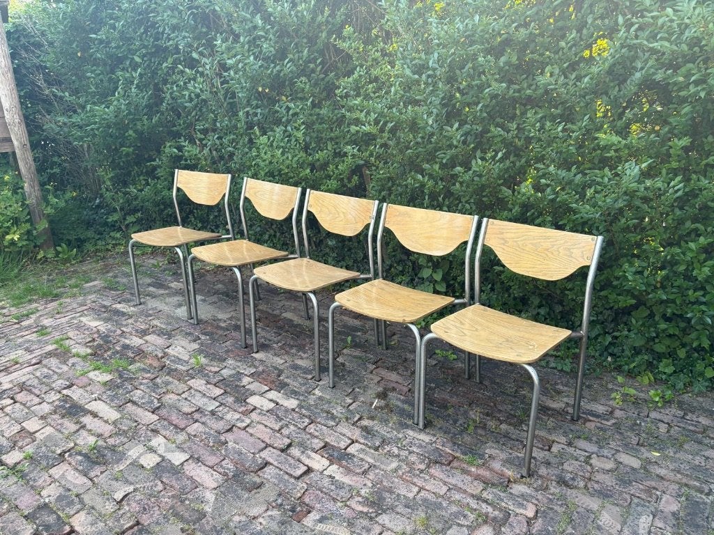 5 Vintage Industriële School stoelen – Mid Century Design, Ophalen, Gebruikt, Bruin, Mid century industrieel