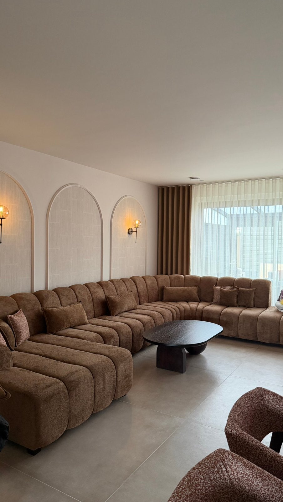 Statement bank bruin op maat gemaakt 450x270 NIEUW, Ophalen, Hoekbank, 75 tot 100 cm, Hotel chique, japandi