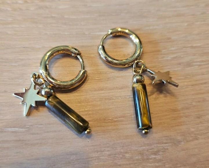 Goudkleurige ringetjes met bruin staafje en sterretje NIEUW, Sieraden, Tassen en Uiterlijk, Oorbellen, Ophalen of Verzenden, Nieuw