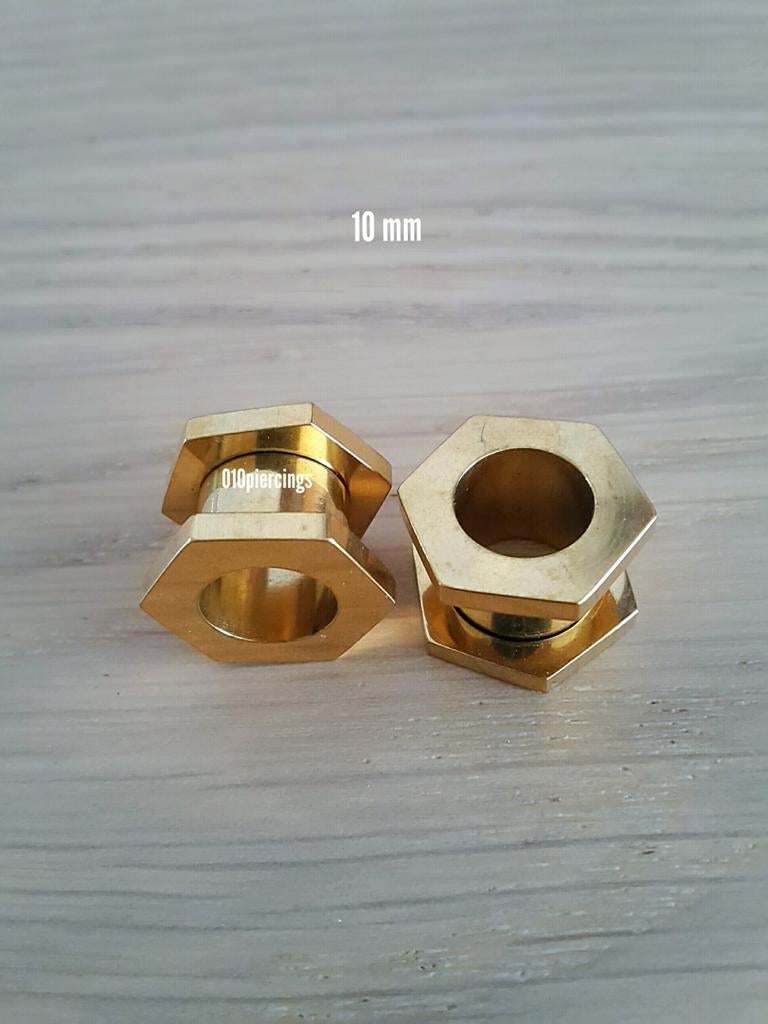 Nieuwe tunnels. Staal. Hexagon. Goud. 3, 4, 6, 8 mm., Ophalen of Verzenden, Zo goed als nieuw, Staal, Oor- of Traguspiercing
