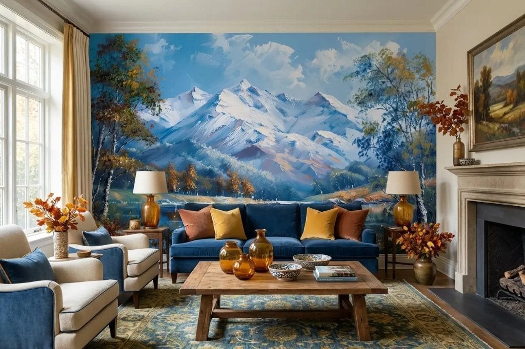 Bergen behang – blauw bergmeer op maat, Huis en Inrichting, Overige merken, Ophalen of Verzenden, Blauw, 5 tot 10 m²