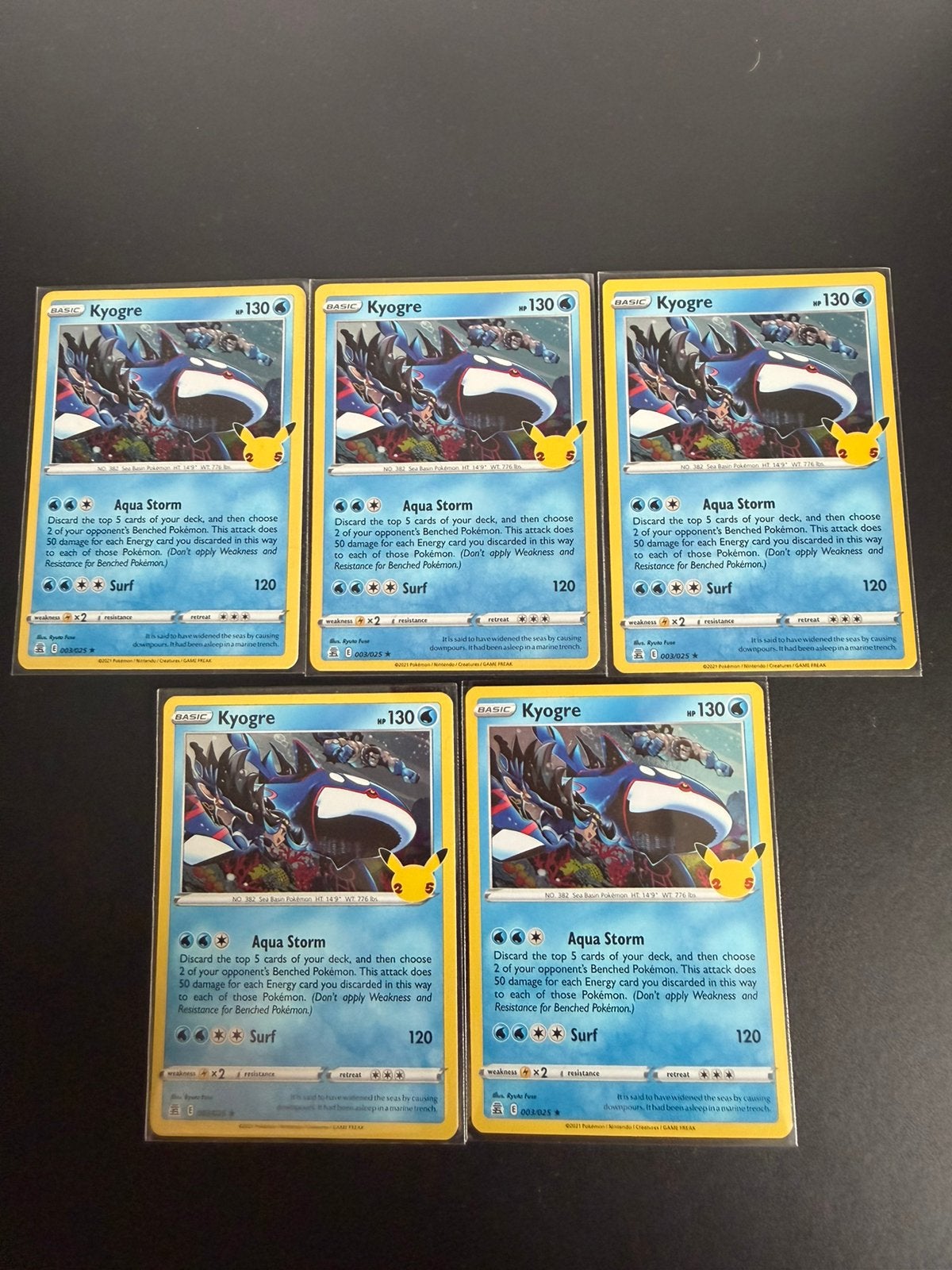 5x Kyogre Pokémon 25th Anniversary 003/025 Holo NM, Ophalen of Verzenden, Zo goed als nieuw, Meerdere kaarten