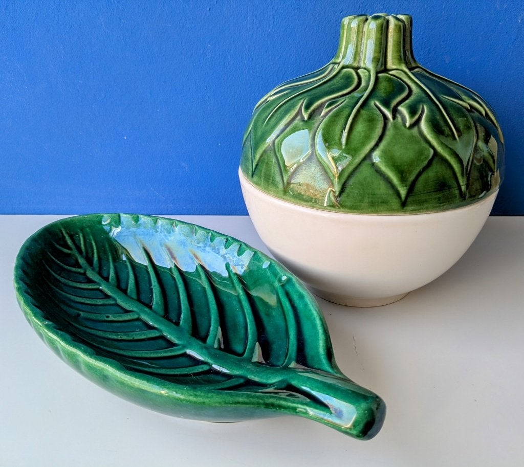 Vintage groen/blad schaaltje en kom met deksel, Ophalen of Verzenden
