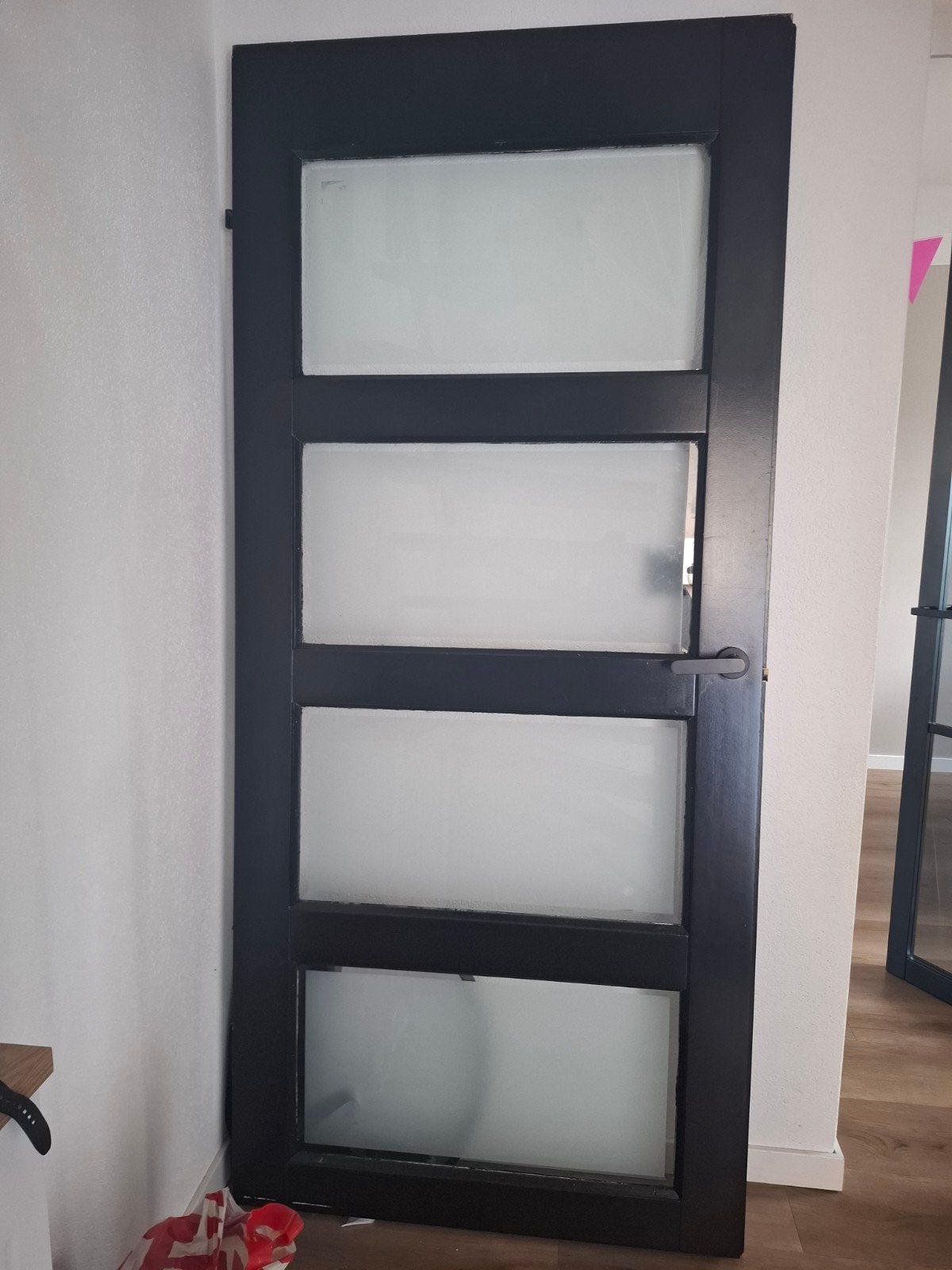 Zwarte binnendeur met melkglas en deurbeslag, Ophalen, Gebruikt, 80 tot 100 cm, Binnendeur