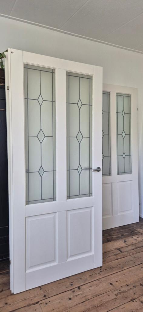 2x Massief Houten Glas-in-Lood Deuren | Facetglas | Jaren 30, Gebruikt, Binnendeur, Ophalen of Verzenden, 200 tot 215 cm