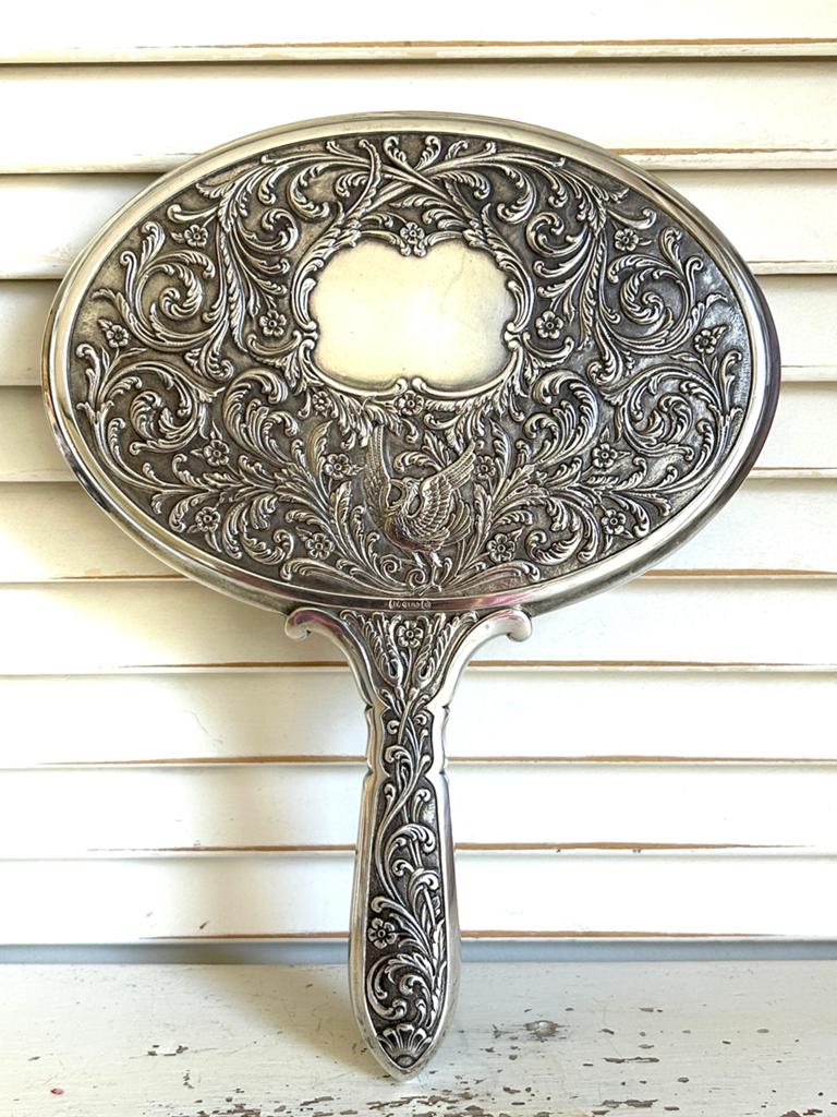 Vintage Gero verzilverde handspiegel met kraanvogel, Antiek en Kunst, Antiek | Spiegels, Minder dan 50 cm, Rond, Ophalen