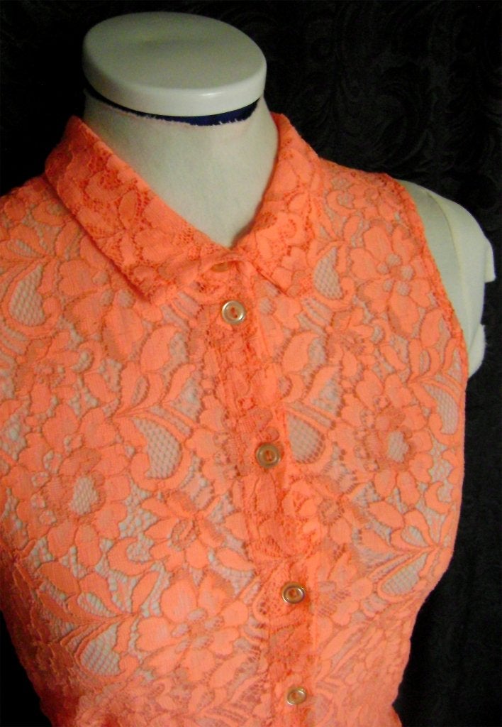 fluor oranje kant bloes vintage retro 50's 60's rave zomer, Kleding | Dames, Tops, Verzenden, Oranje, Zo goed als nieuw, Kant retro bloes