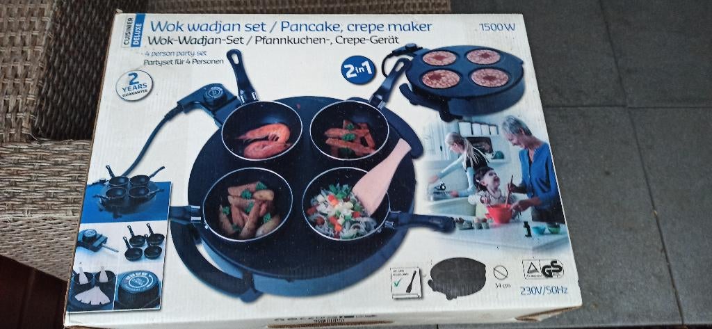 wok wadjanset/ pancake, crepe maker, gourmetstel, Witgoed en Apparatuur, Ophalen, Gebruikt, 4 t/m 7 personen