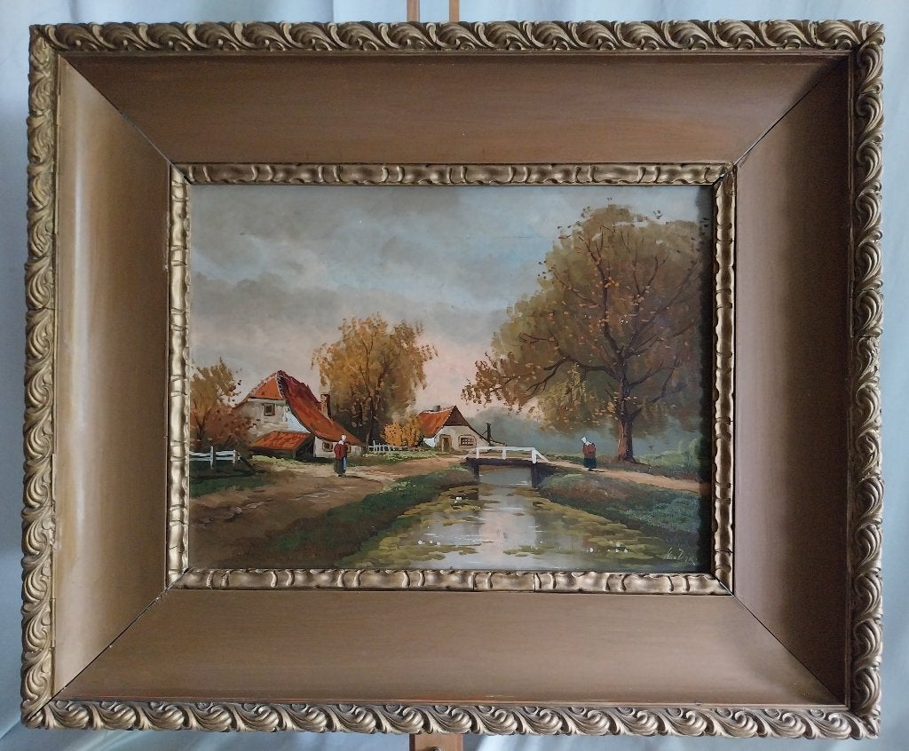 K van Dijk (19e) - Boerinnen aan de vaart - Paneel - 1900, Antiek en Kunst, Ophalen