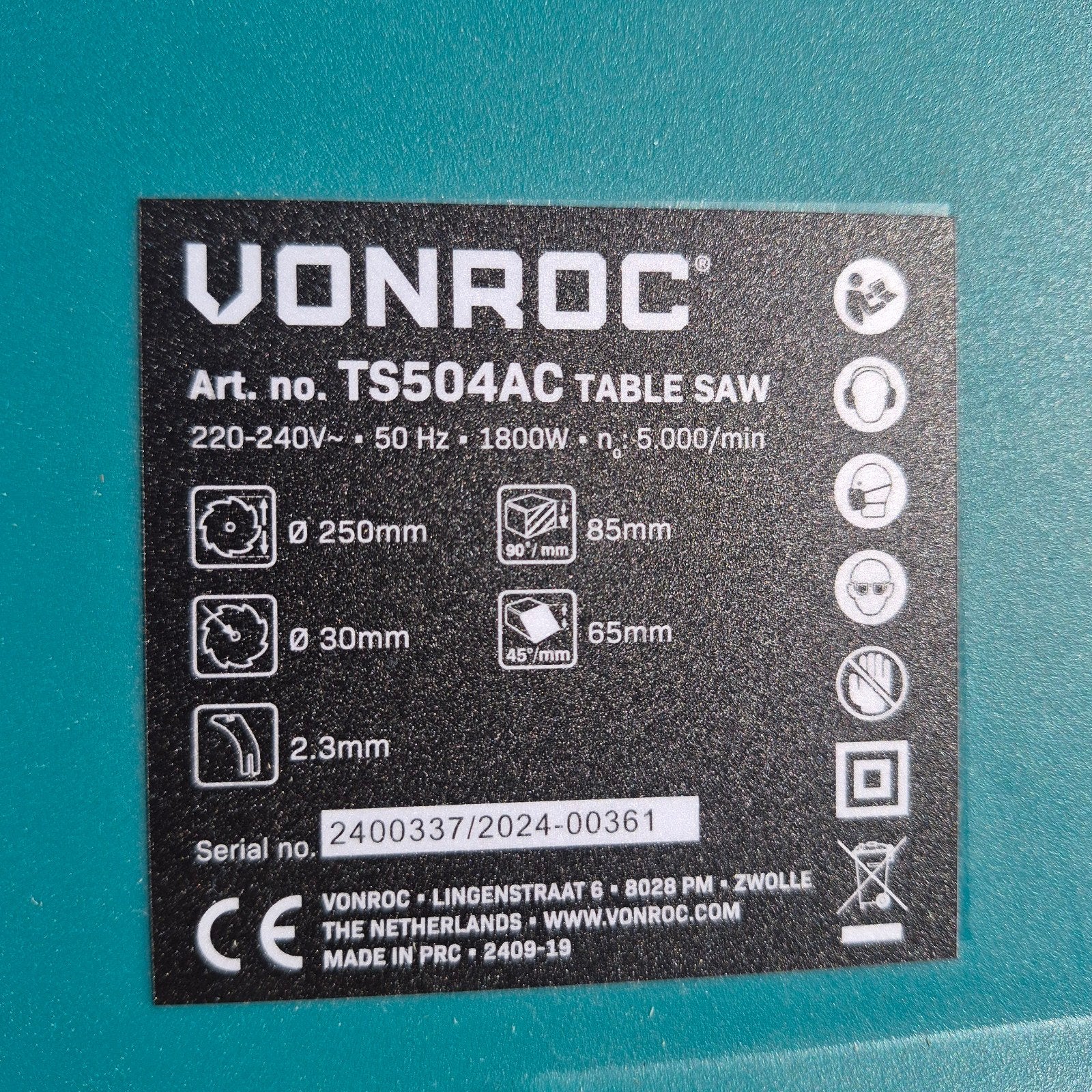 VONROC TS504AC Zaagtafel 2000W Ø250mm, Nw volledige garantie, Ophalen, 70 mm of meer, Overige typen, Nieuw