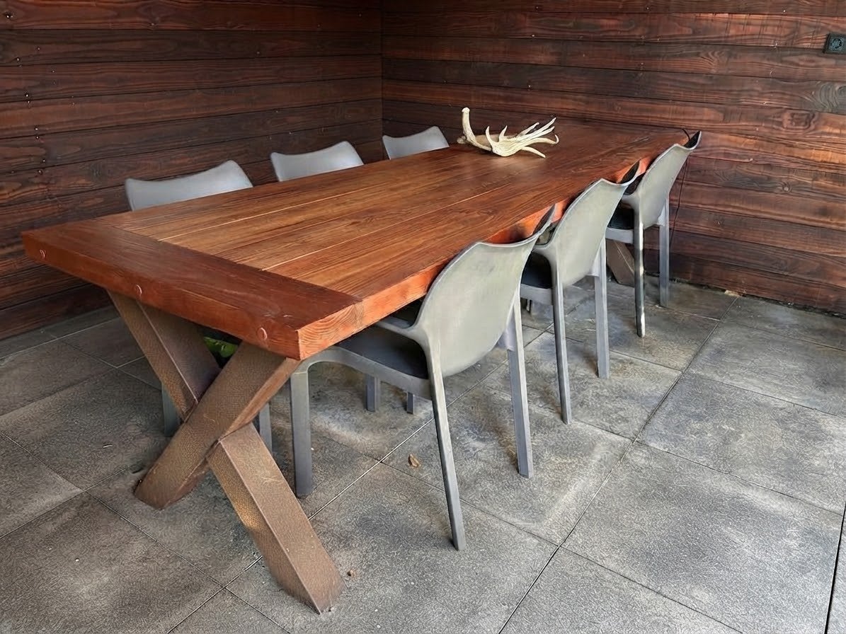 Grote robuuste tuintafel (280x85 cm) incl. 6 kuipstoelen, Ophalen, Zo goed als nieuw, Rechthoekig, Kunststof
