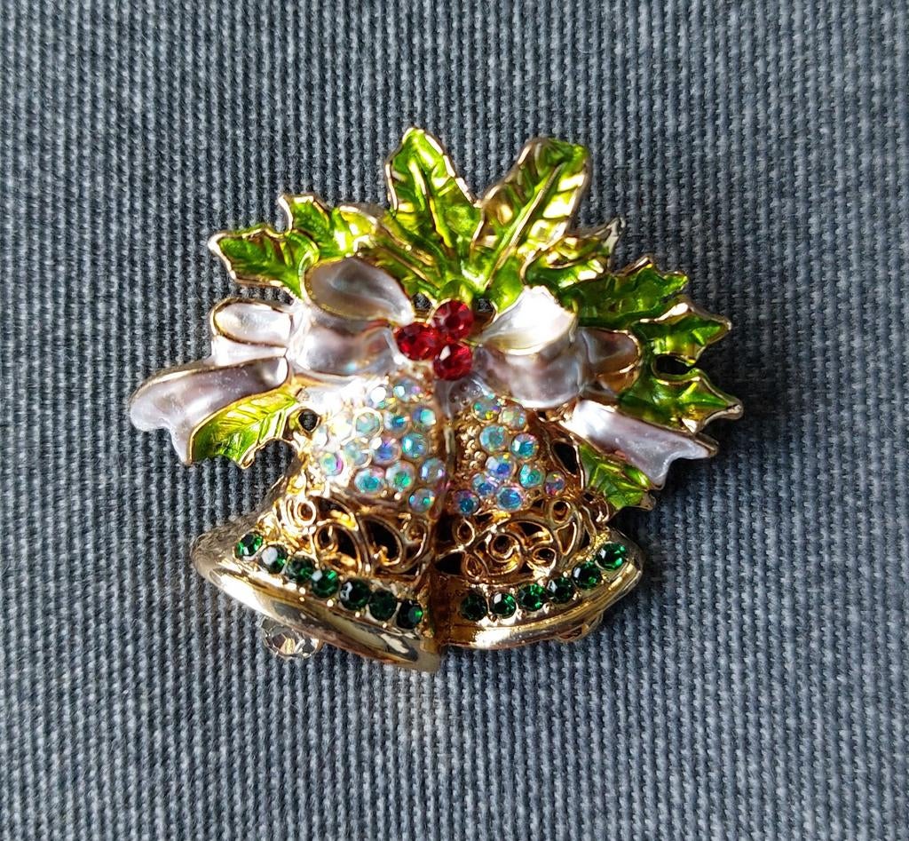 Kerstklok broche strass Christmas Kerst, Sieraden, Tassen en Uiterlijk, Broches, Overige materialen, 4 tot 7 cm, Overige kleuren