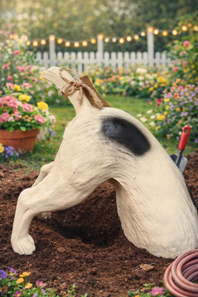 Grappige gravende hond 'Henk' - Tuinbeeld met vlekken, Tuin en Terras, Ophalen of Verzenden, Nieuw, Kunststof, Dierenbeeld