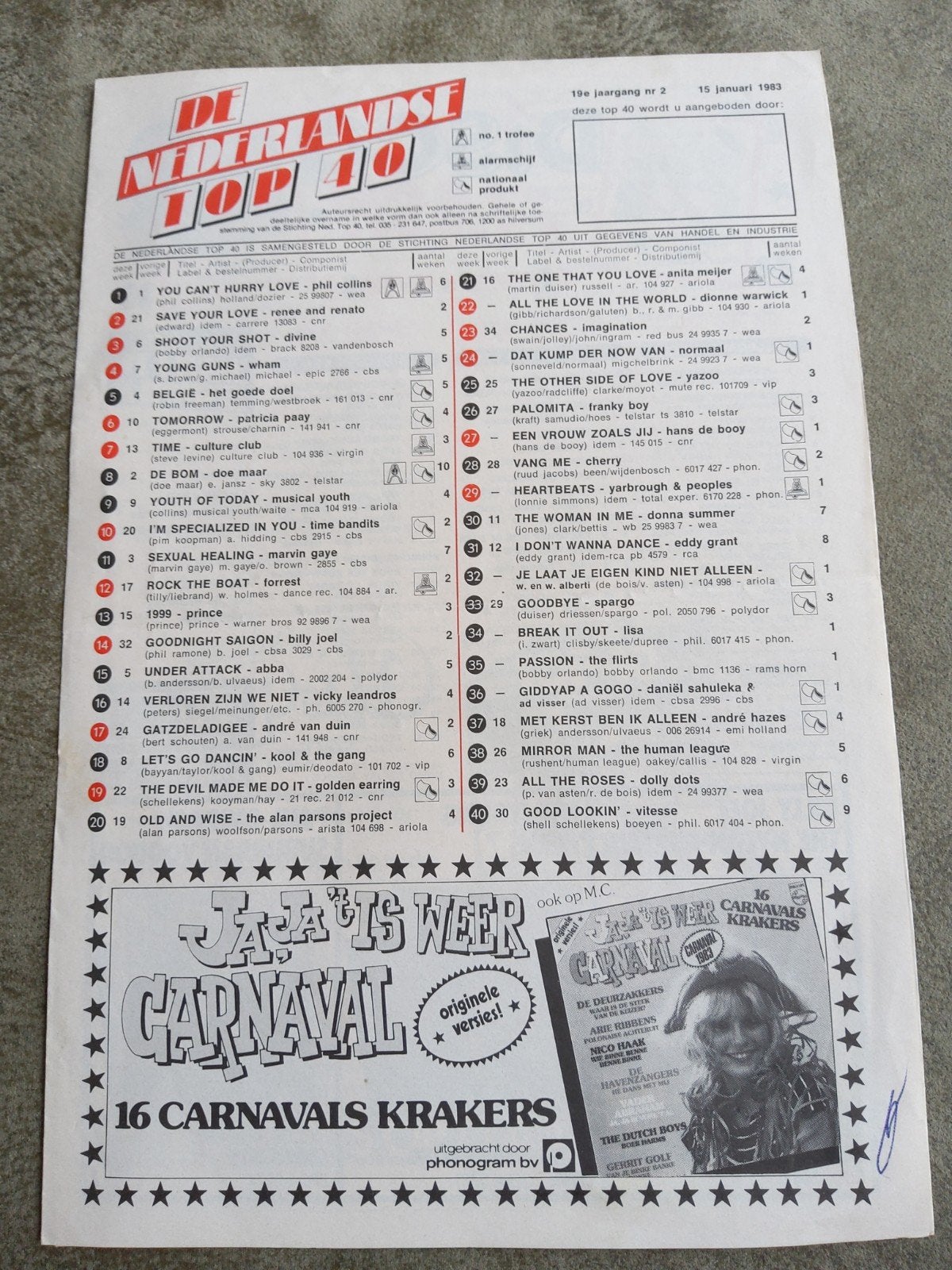 Veronica top 40 lijst  15-1-1983, Ophalen of Verzenden, Zo goed als nieuw, Boek, Tijdschrift of Artikel