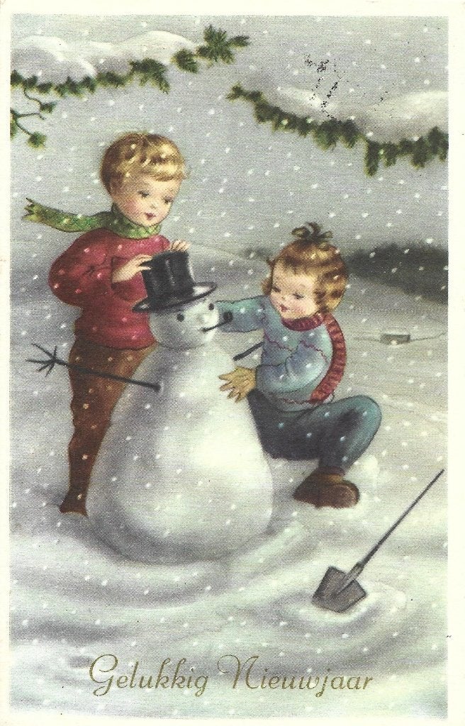 Vintage*Gelukkig Nieuwjaar*Kinderen maken sneeuwpop*Schattig, Ophalen of Verzenden, 1940 tot 1960, Gelopen, Feest(dag)