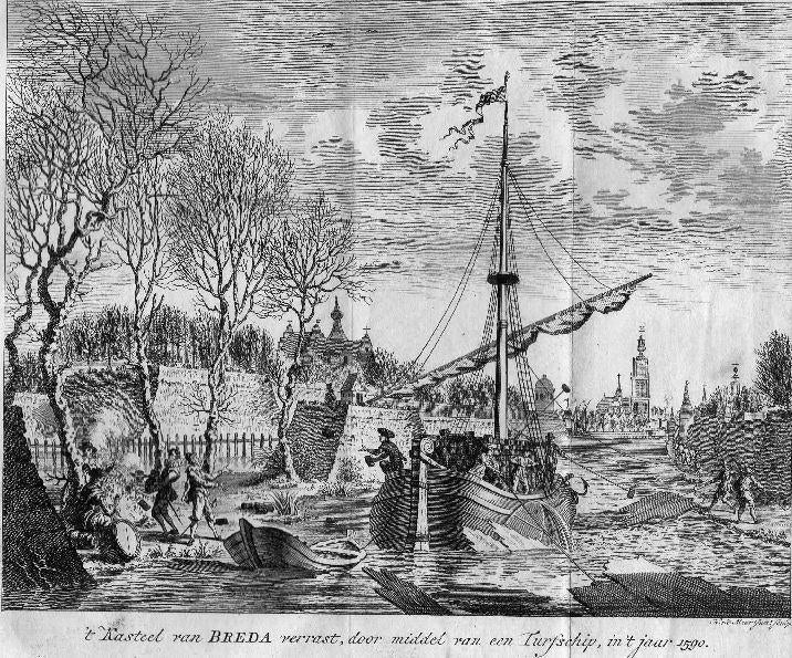 gravure kasteel Breda verrast door Turfschip, Tirion 1745, Verzenden, Stadsgezicht, Gravure, Origineel