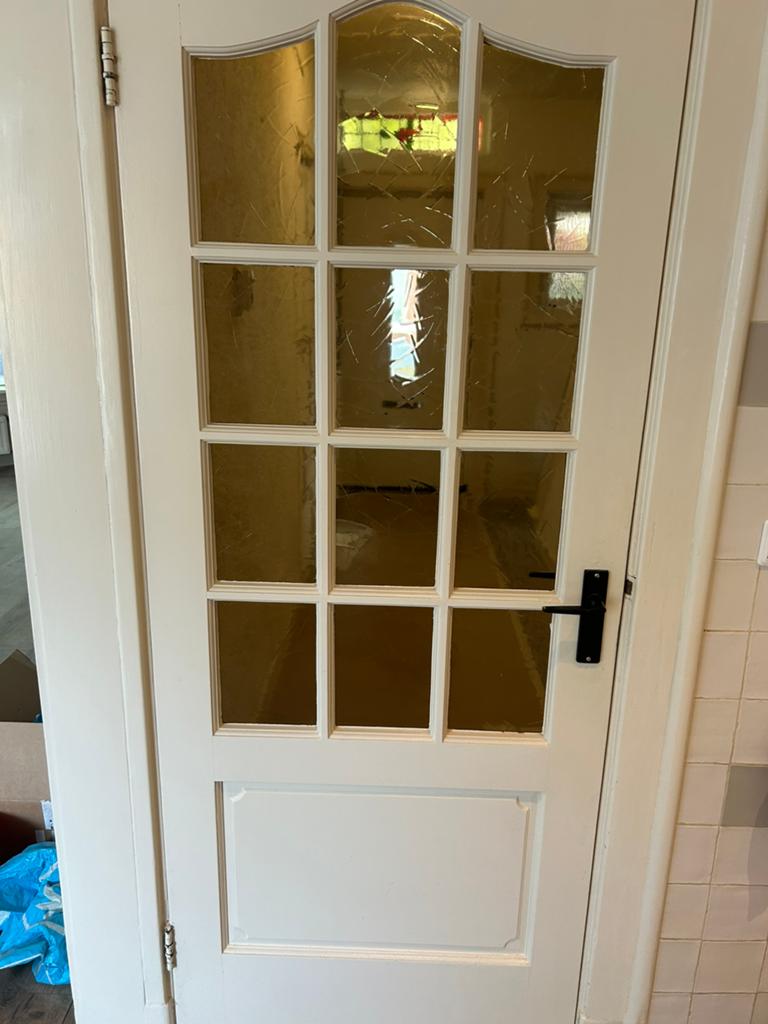 Twee oude stompe binnendeuren met paneel en glas, Ophalen, Gebruikt, Binnendeur, 200 tot 215 cm