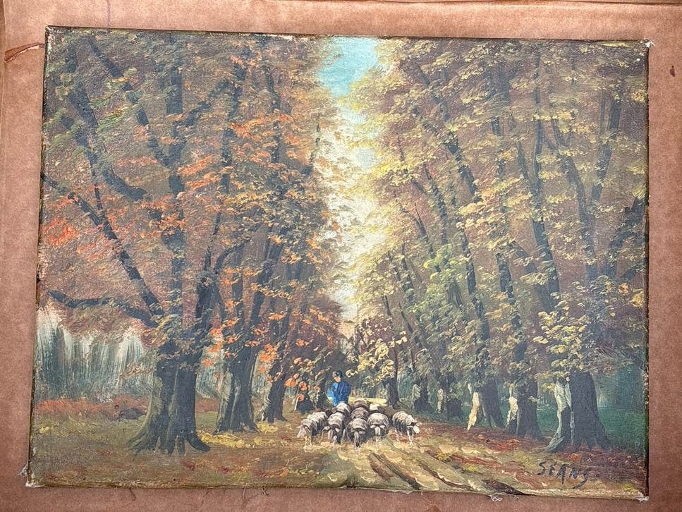 Olieverfschilderij: Herfstlandschap met Herder en schapen., Doek, Realistisch, Ophalen of Verzenden, Gesigneerd