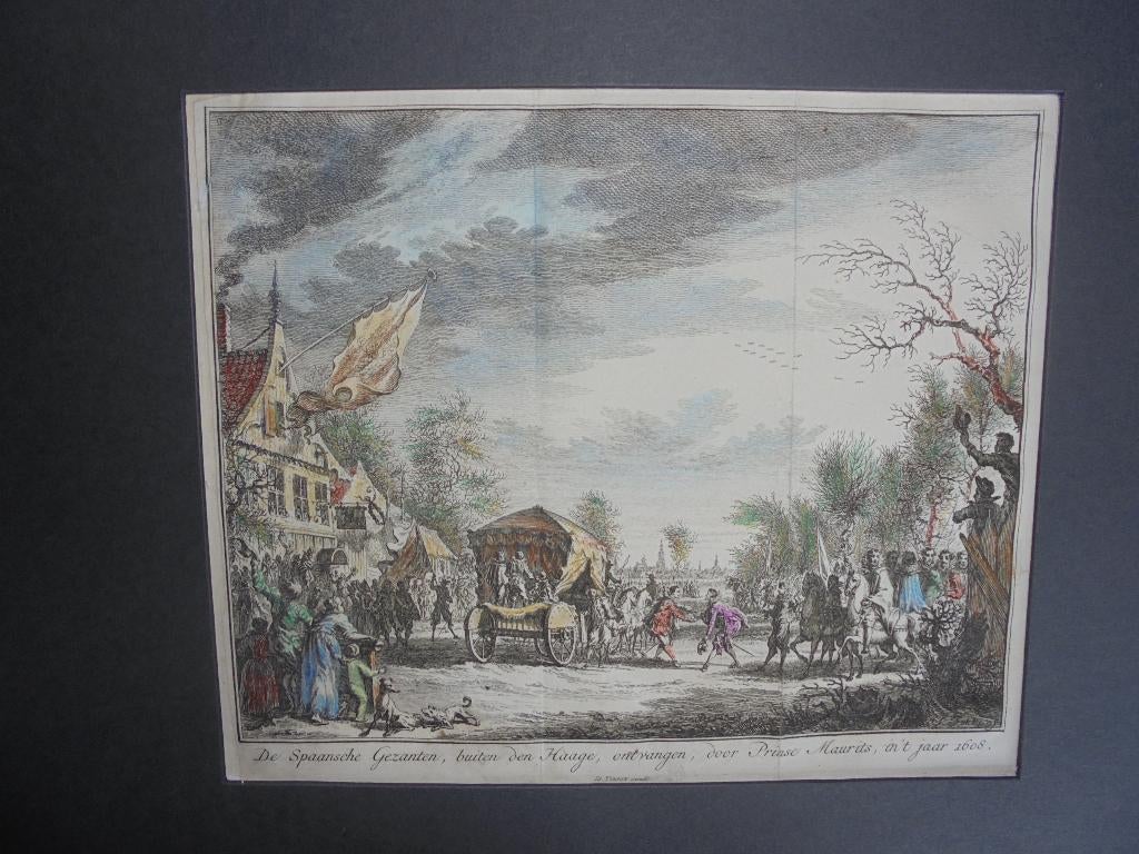 Gravure De Spaansche Gezanten, den Haage, Prinse Maurits., Ophalen of Verzenden, Gravure, 1700 - 1799, Stadsgezicht
