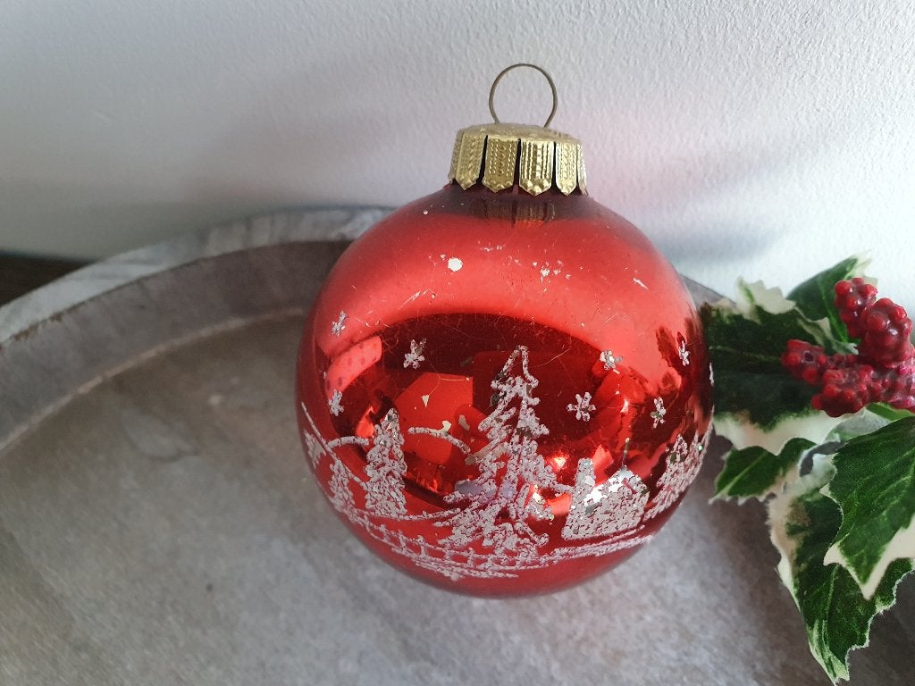 Vintage kerstbal rood dorpje 263, *, Gebruikt, *, Ophalen of Verzenden