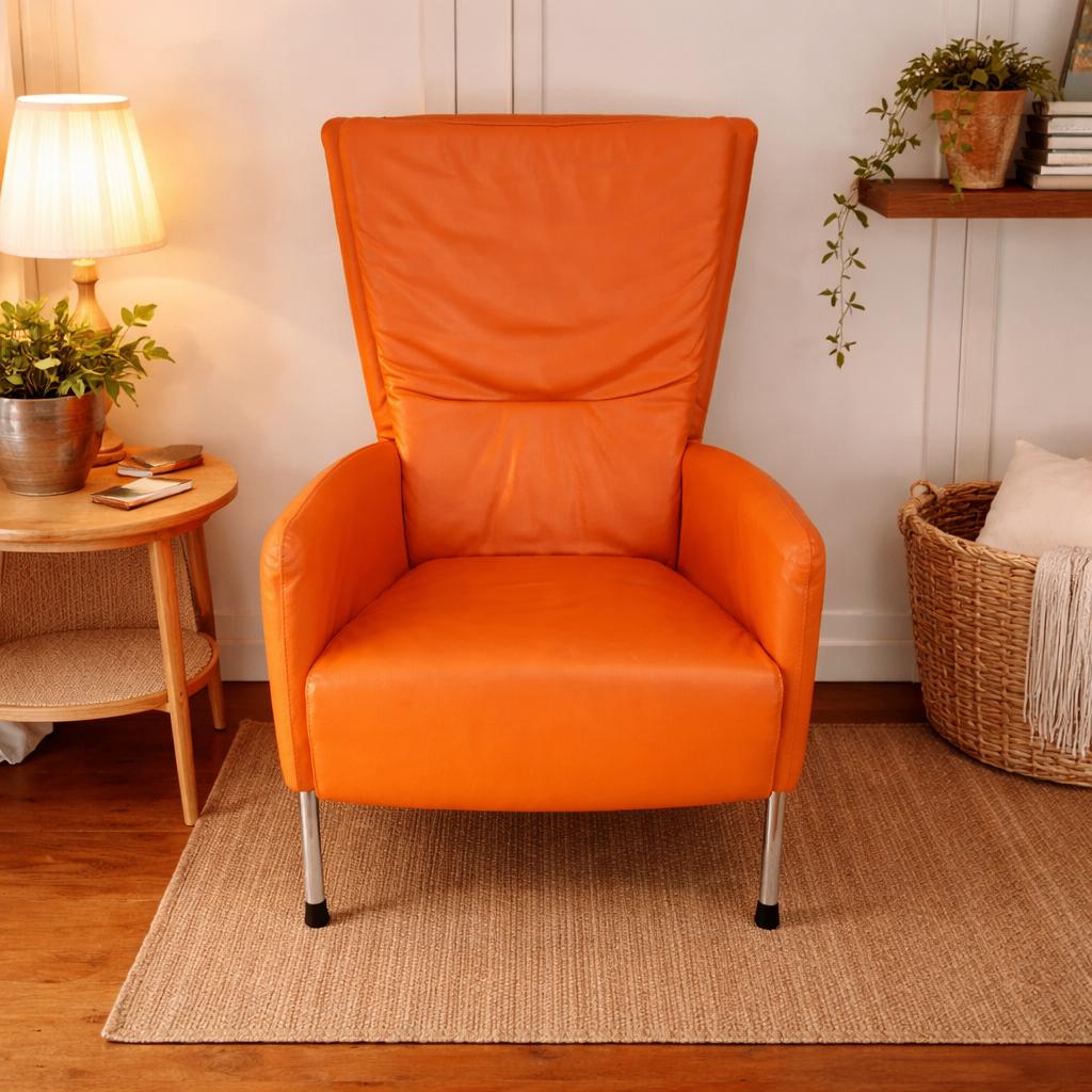 Wk voetbal oranje leren fauteuil, Huis en Inrichting, Fauteuils, Ophalen, Zo goed als nieuw, 50 tot 75 cm, Leer