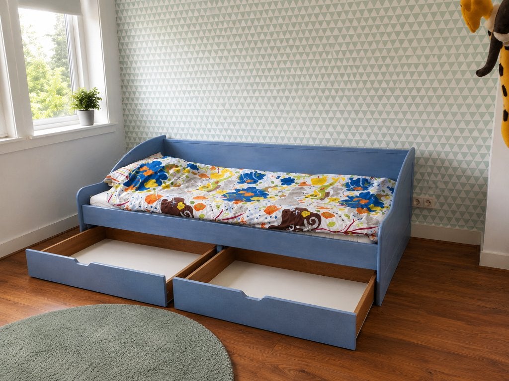 Houten eenpersoonsbed 90  200 cm met grote onderschuiflades, Ophalen, 85 tot 100 cm, Gebruikt, Matras