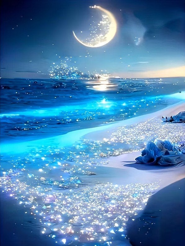 50x40cm Diamond painting maanlicht strand (vierkant) nr 33, Zee en Strand, Nieuw, Ophalen of Verzenden, Blauw