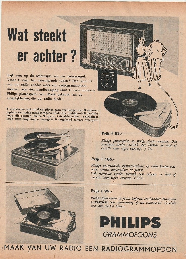retro reclame 1955 Philips platenspeler radiogrammofoon, Verzamelen, Verzenden, Overige typen