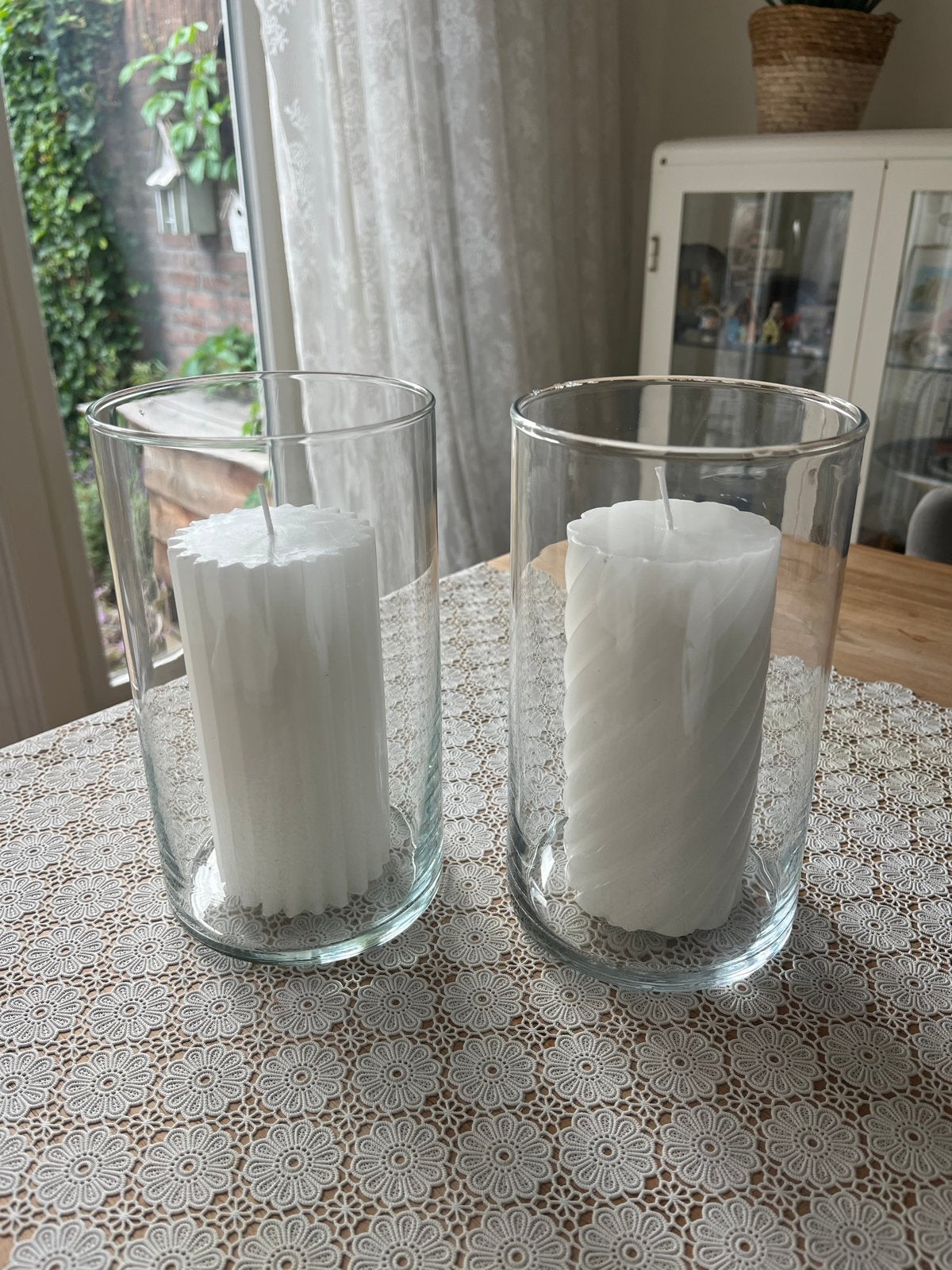 Set van glazen windlichten met kaarsen, Ophalen, Windlicht, Wit, Glas