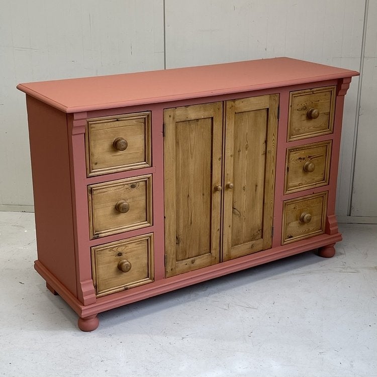 Brocante ladekast dressoir restyle hout & peach krijtverf, Ophalen, Gebruikt, 5 laden of meer, Onbekend