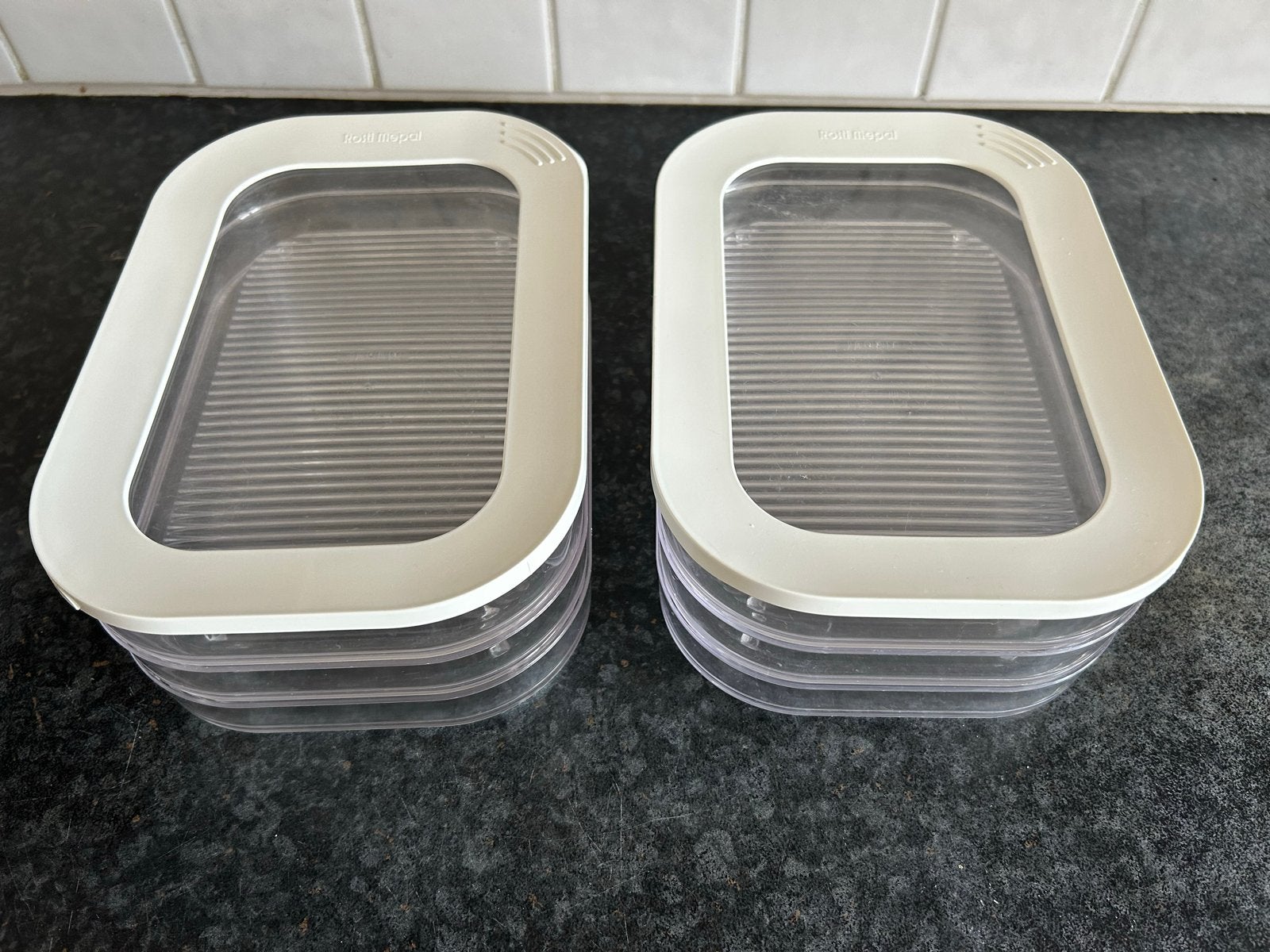 2 sets mepal modula vleeswarenbakjes, Huis en Inrichting, Ophalen, Kunststof, Zo goed als nieuw, Voorraadpot