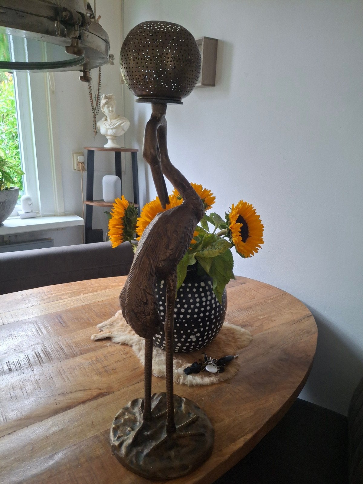 Bronzen Kraanvogel Lamp met Oosterse Sfeer, Ophalen of Verzenden