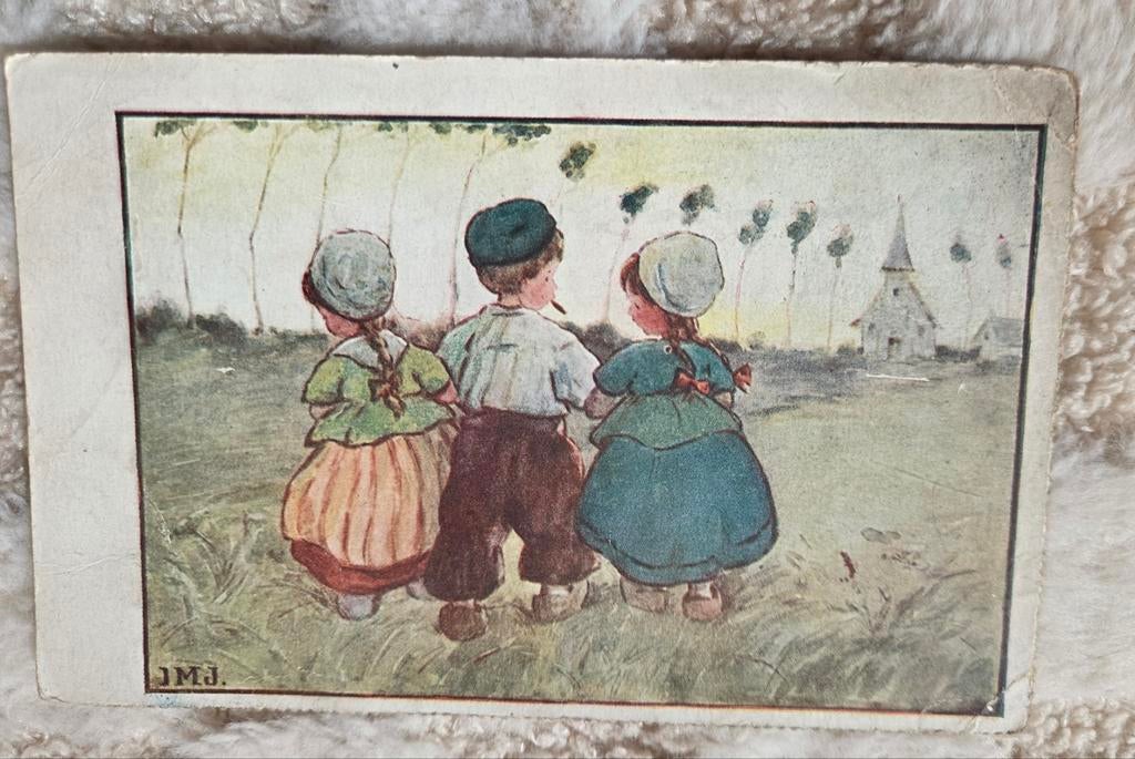 Drie kinderen op klompen, Verzenden, Voor 1920, Ongelopen, Kinderen
