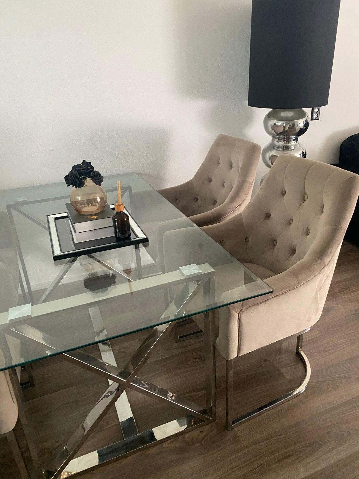 Glazen eettafel met chromen onderstel en 4 stoelen, Gebruikt, 100 tot 150 cm, Glas, Vier personen