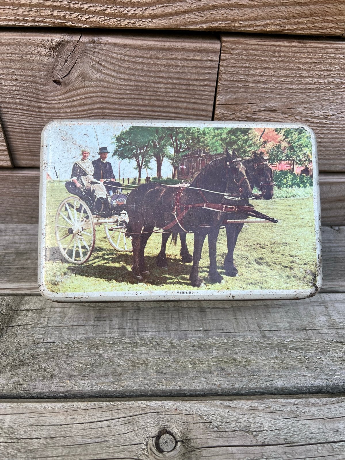 Vintage blik met Friese taferelen, Ophalen of Verzenden, Gebruikt, Overige, Droste